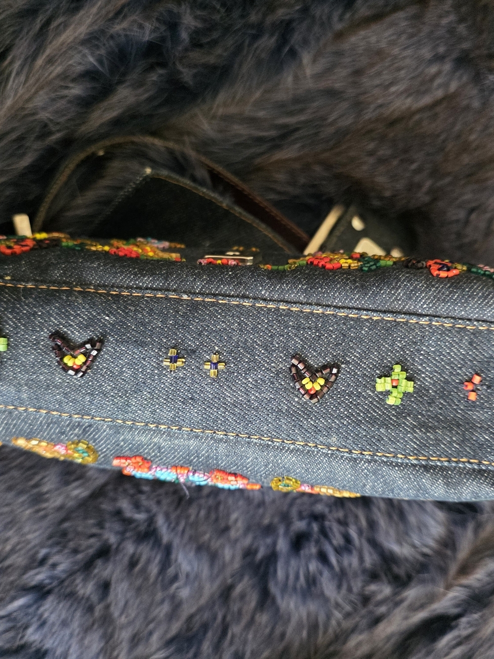 Fendi Denim Baguette Shoulder Bag with Floral Embroidery And Extra Beads - Picture 8 of 10